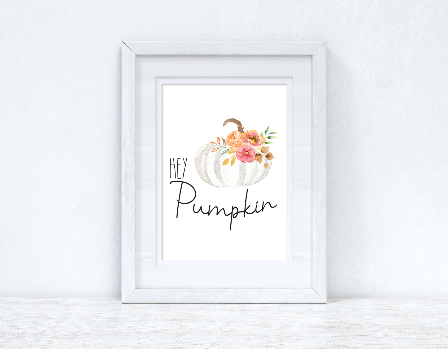 Hey Pumpkin White Floral Pumpkin Autumn Seasonal Wall Home Decor Print