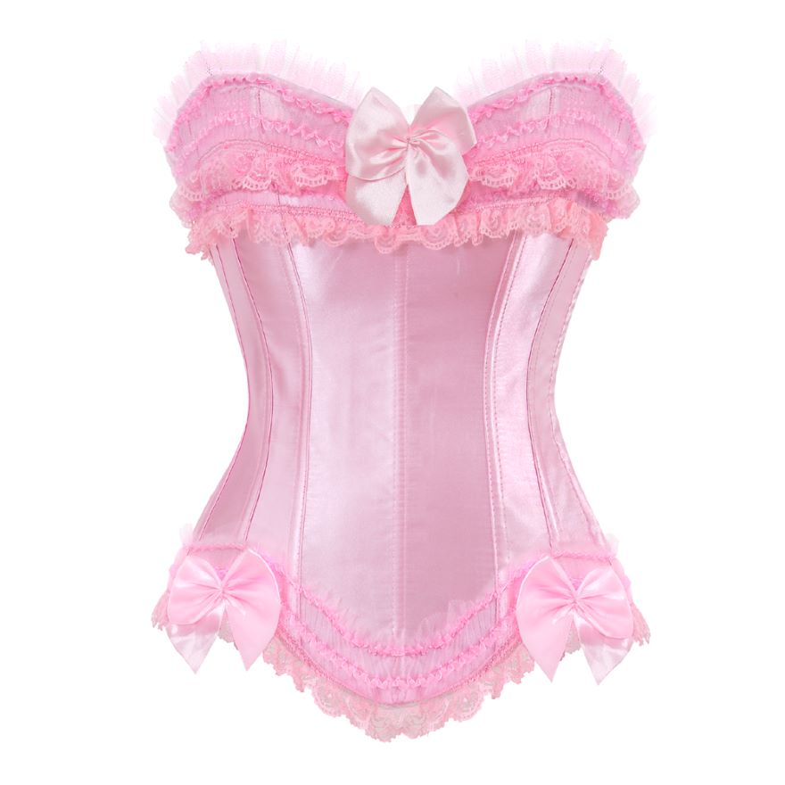 Satin Lace Overlay Corset Bustier Overbust Burlesque Corselet Top Bodyshaper Lingerie