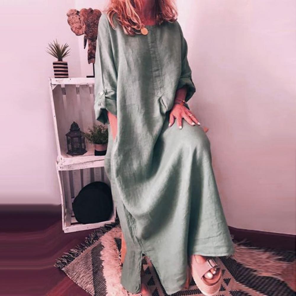 Women's Solid Color Over size Maxi Cotton Long Shirt Kaftan Dress Long