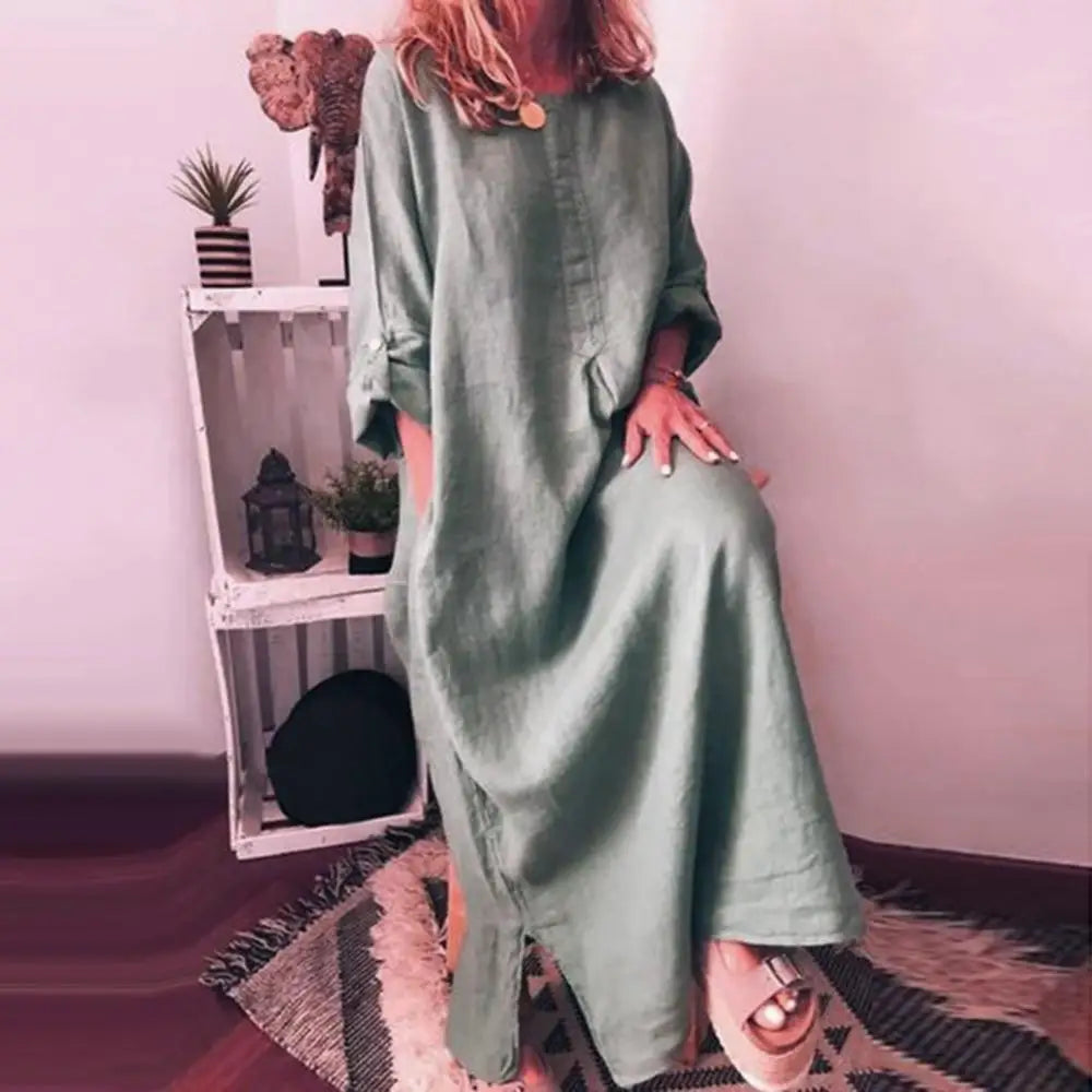 Women's Solid Color Over size Maxi Cotton Long Shirt Kaftan Dress Long