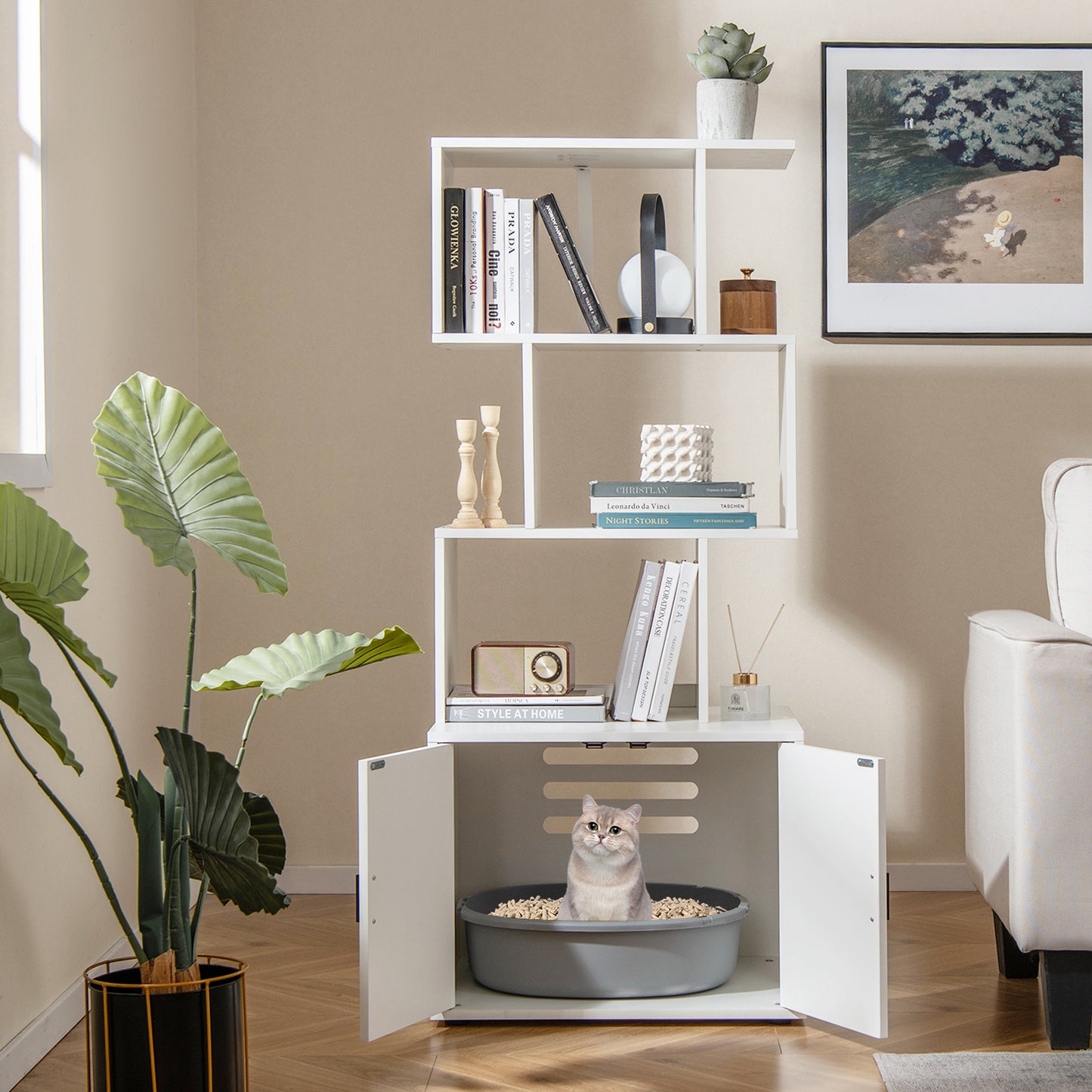 2-in-1 Hidden Cat Litter Box Enclosure with 3 Open Shelves-Rustic Brown