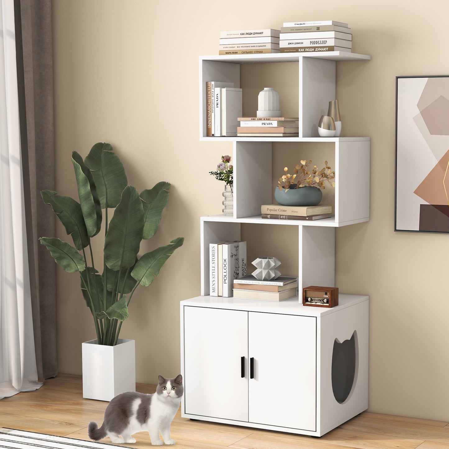 2-in-1 Hidden Cat Litter Box Enclosure with 3 Open Shelves-Rustic Brown