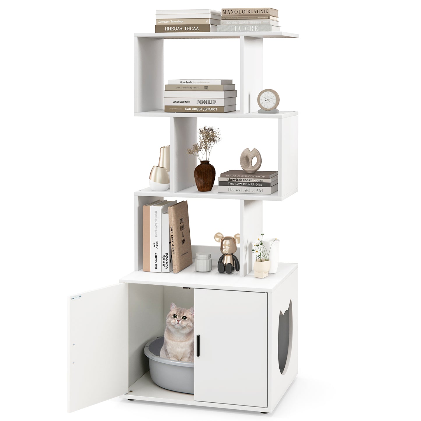 2-in-1 Hidden Cat Litter Box Enclosure with 3 Open Shelves-Rustic Brown