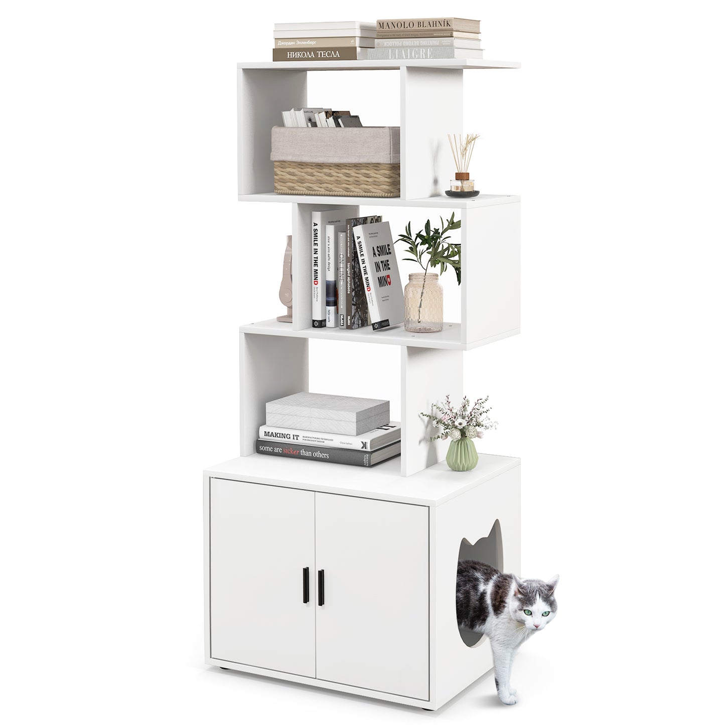 2-in-1 Hidden Cat Litter Box Enclosure with 3 Open Shelves-Rustic Brown