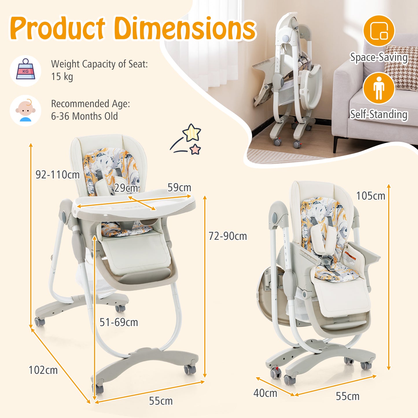 Multifunctional Folding Baby High Chair with Rolling Wheels-Black