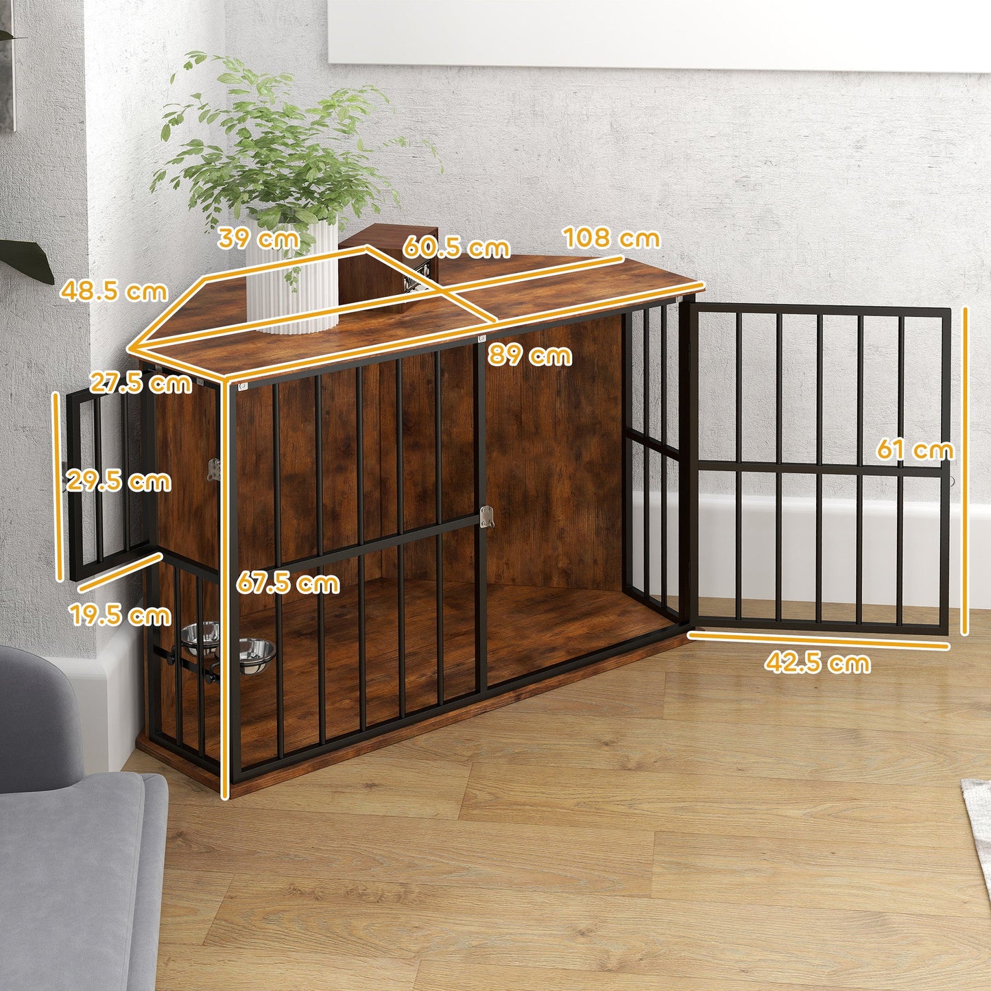 PawHut Corner Dog Crate Furniture with 2 Bowls for Small & Medium Dogs