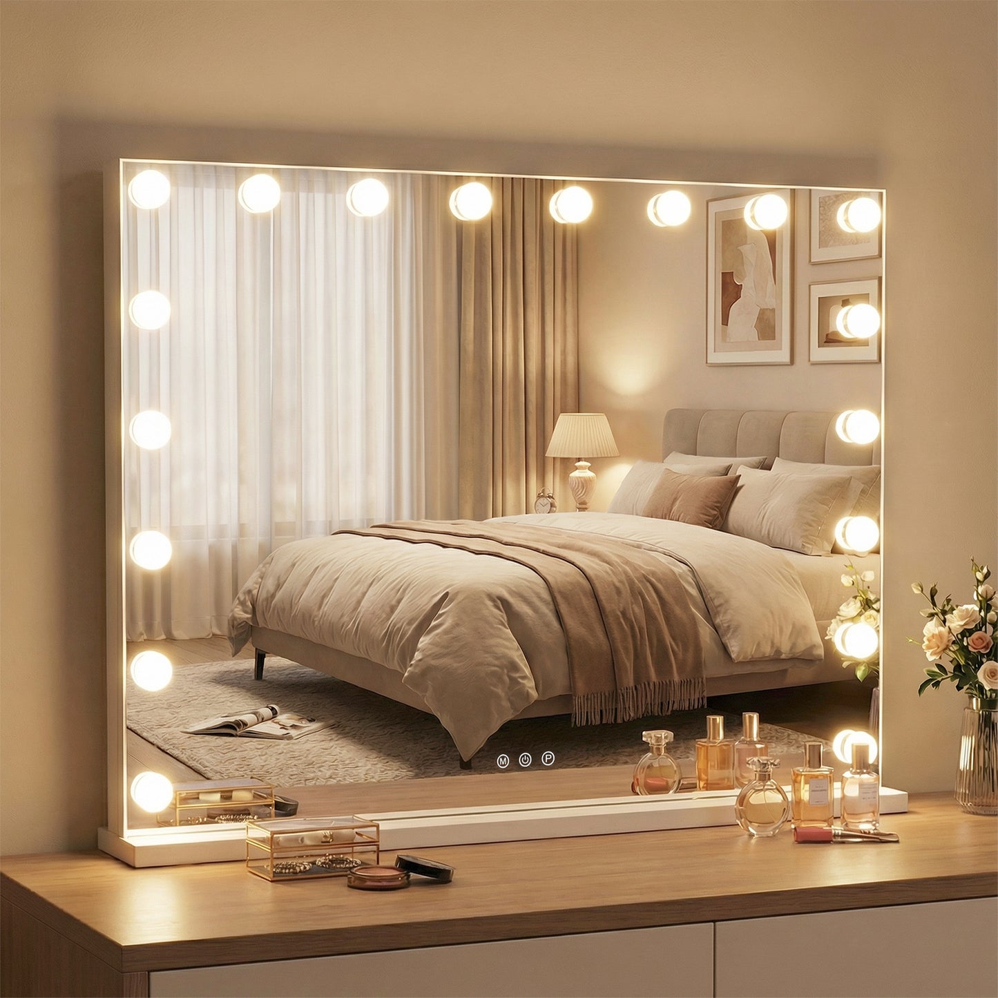 Hollywood Vanity Mirror with 3 Light Colors and Adjustable Brightness-White-L