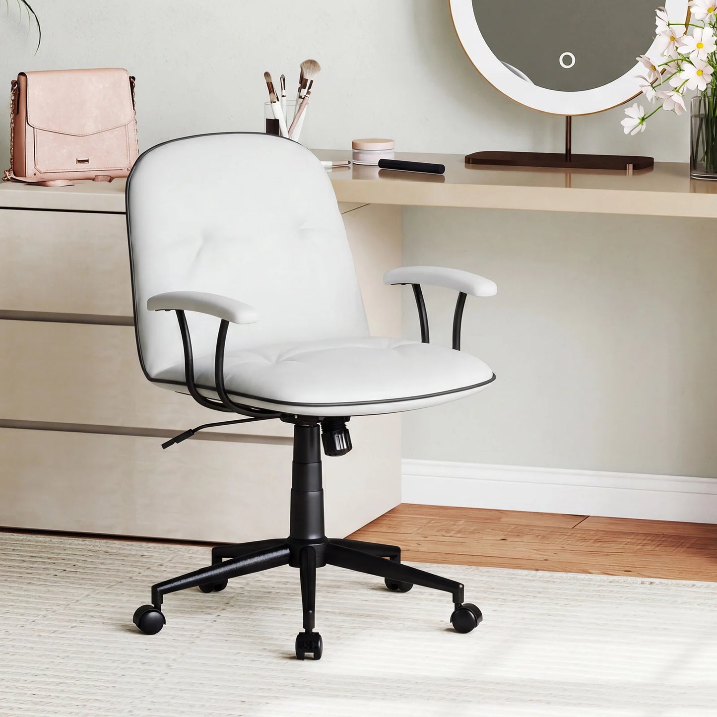 Home Office Desk Chair PU Leather Makeup Vanity Chair with Adjustable Height and Rocking Function-Grey