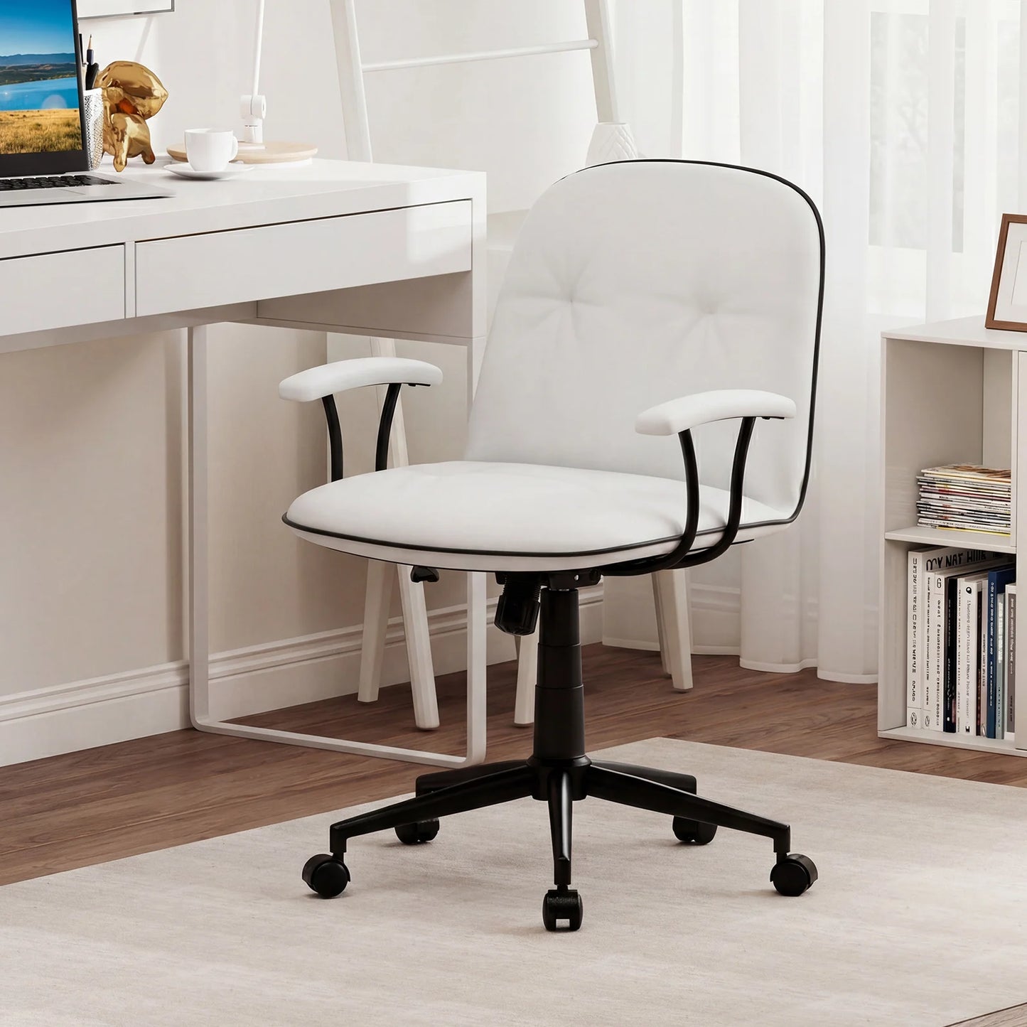 Home Office Desk Chair PU Leather Makeup Vanity Chair with Adjustable Height and Rocking Function-Grey