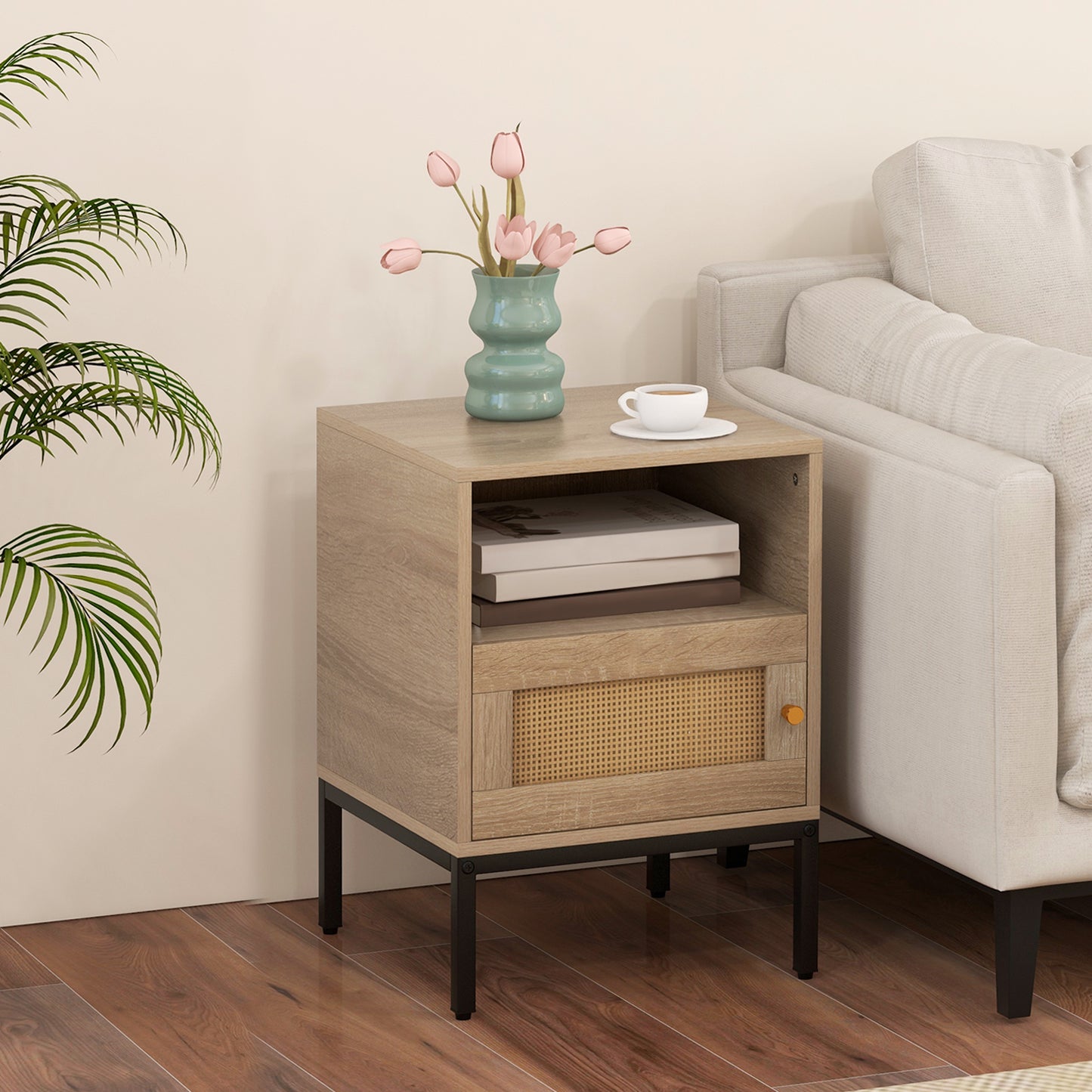 Home Boho Style Nightstand Accent Table with Open Shelf and Door Cabinet-Natural