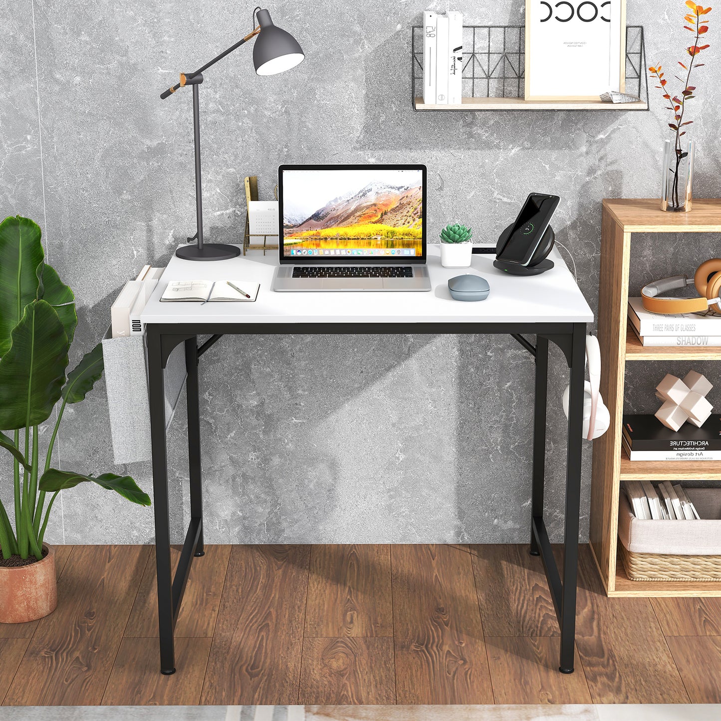 Home Office Desk with Charging Station and Storage Bag-Brown