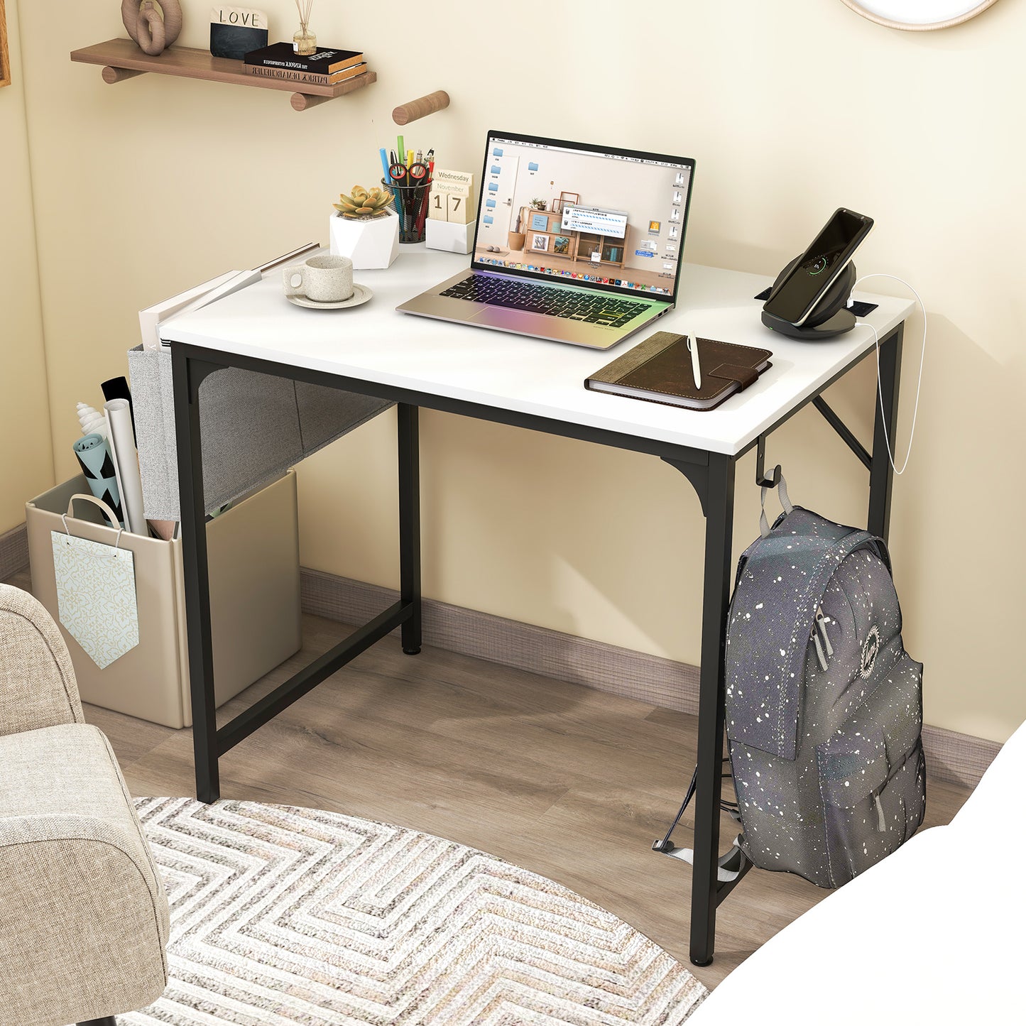Home Office Desk with Charging Station and Storage Bag-Brown
