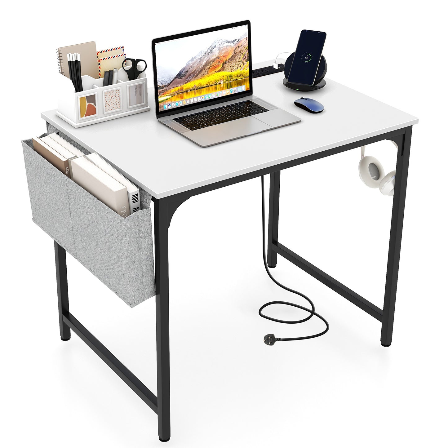 Home Office Desk with Charging Station and Storage Bag-Brown
