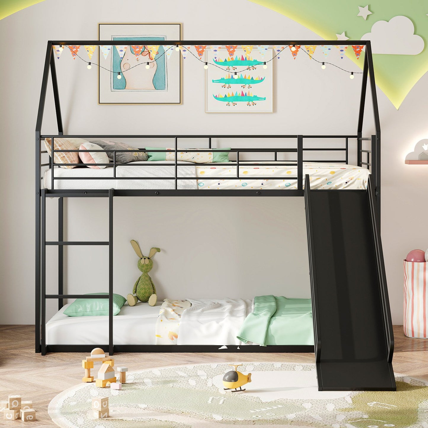 190 x 90 cm House Bunk Bed with Slide and Safety Guardrail Ladder-Black