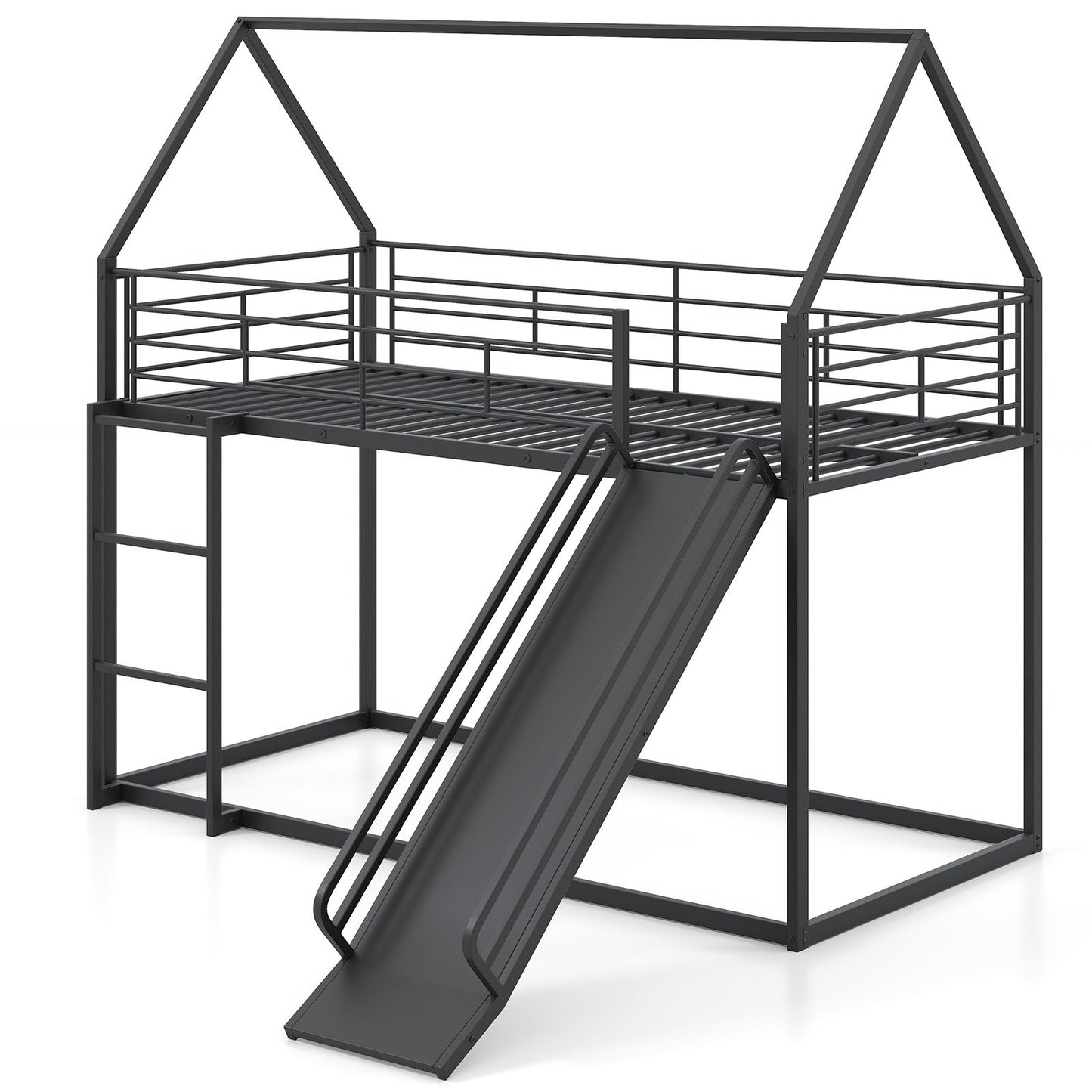 190 x 90 cm House Bunk Bed with Slide and Safety Guardrail Ladder-Black