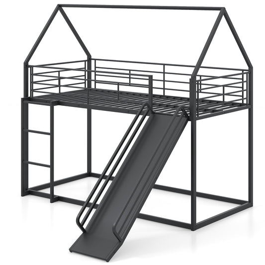 190 x 90 cm House Bunk Bed with Slide and Safety Guardrail Ladder-Black