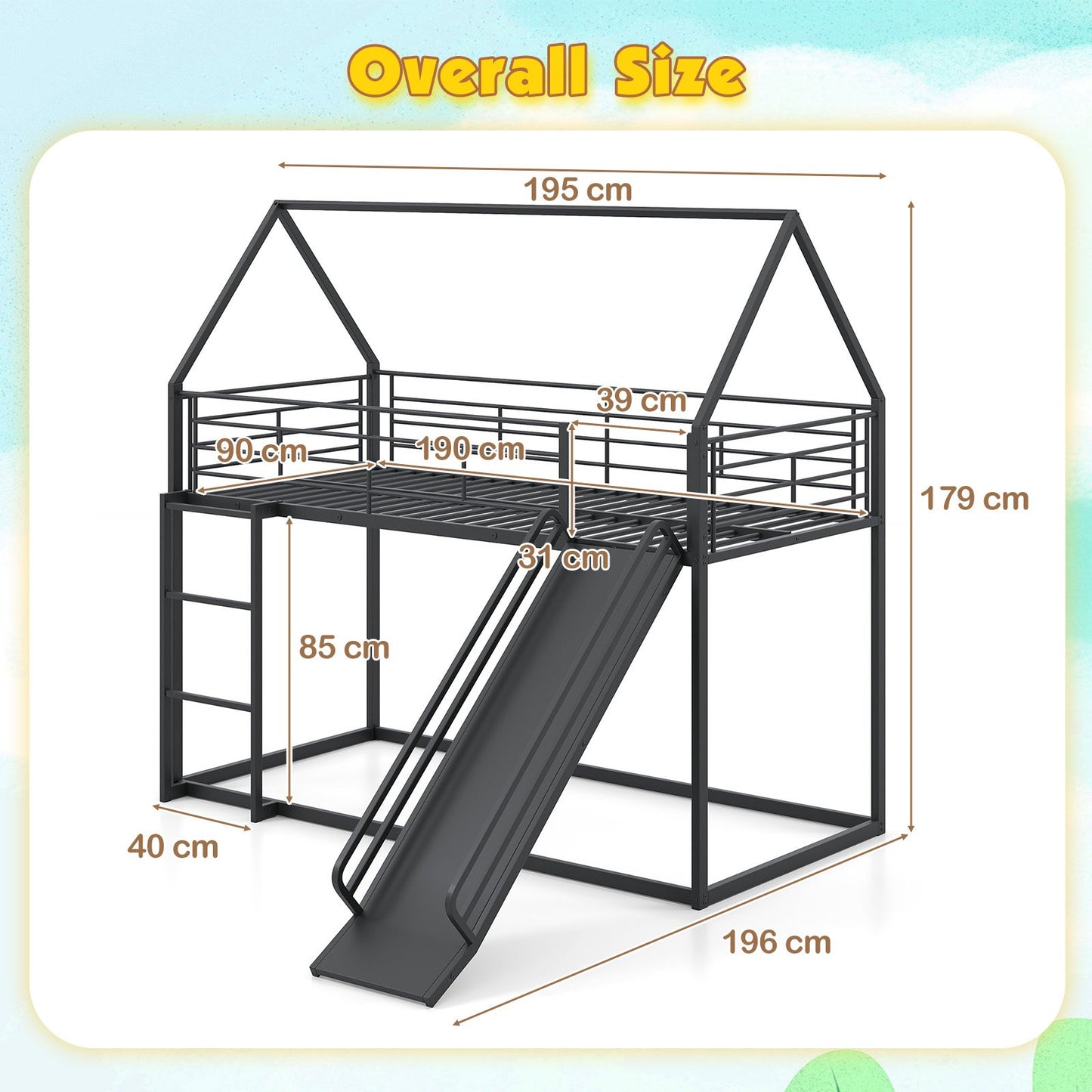 190 x 90 cm House Bunk Bed with Slide and Safety Guardrail Ladder-Black