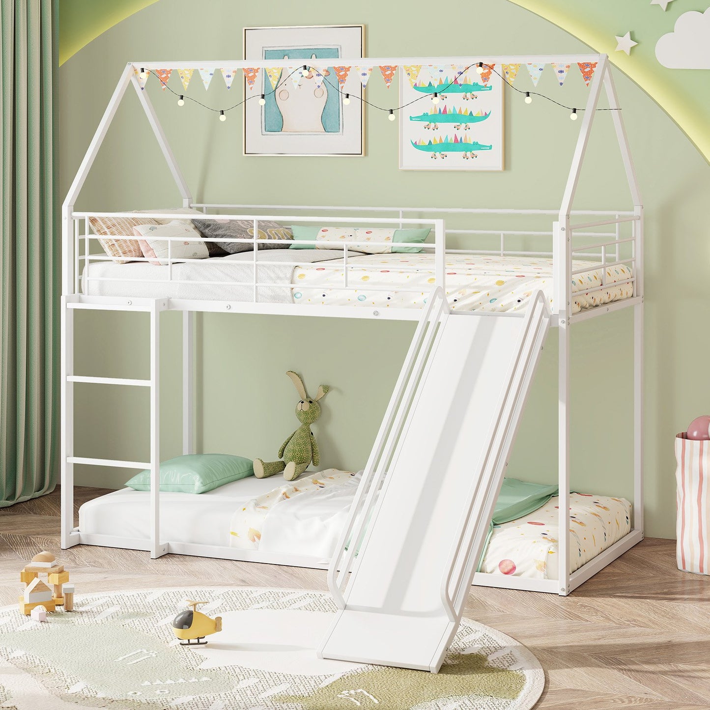 190 x 90 cm House Bunk Bed with Slide and Safety Guardrail Ladder-Black