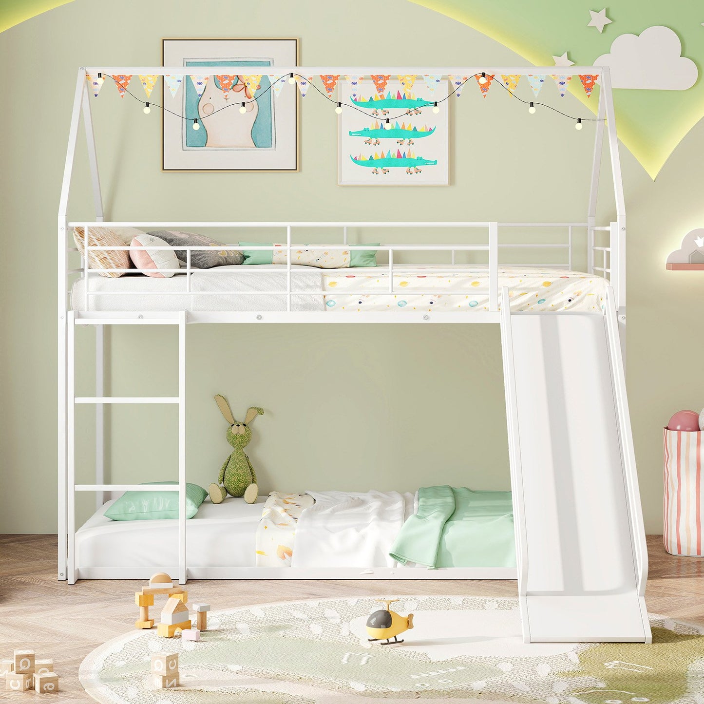 190 x 90 cm House Bunk Bed with Slide and Safety Guardrail Ladder-Black