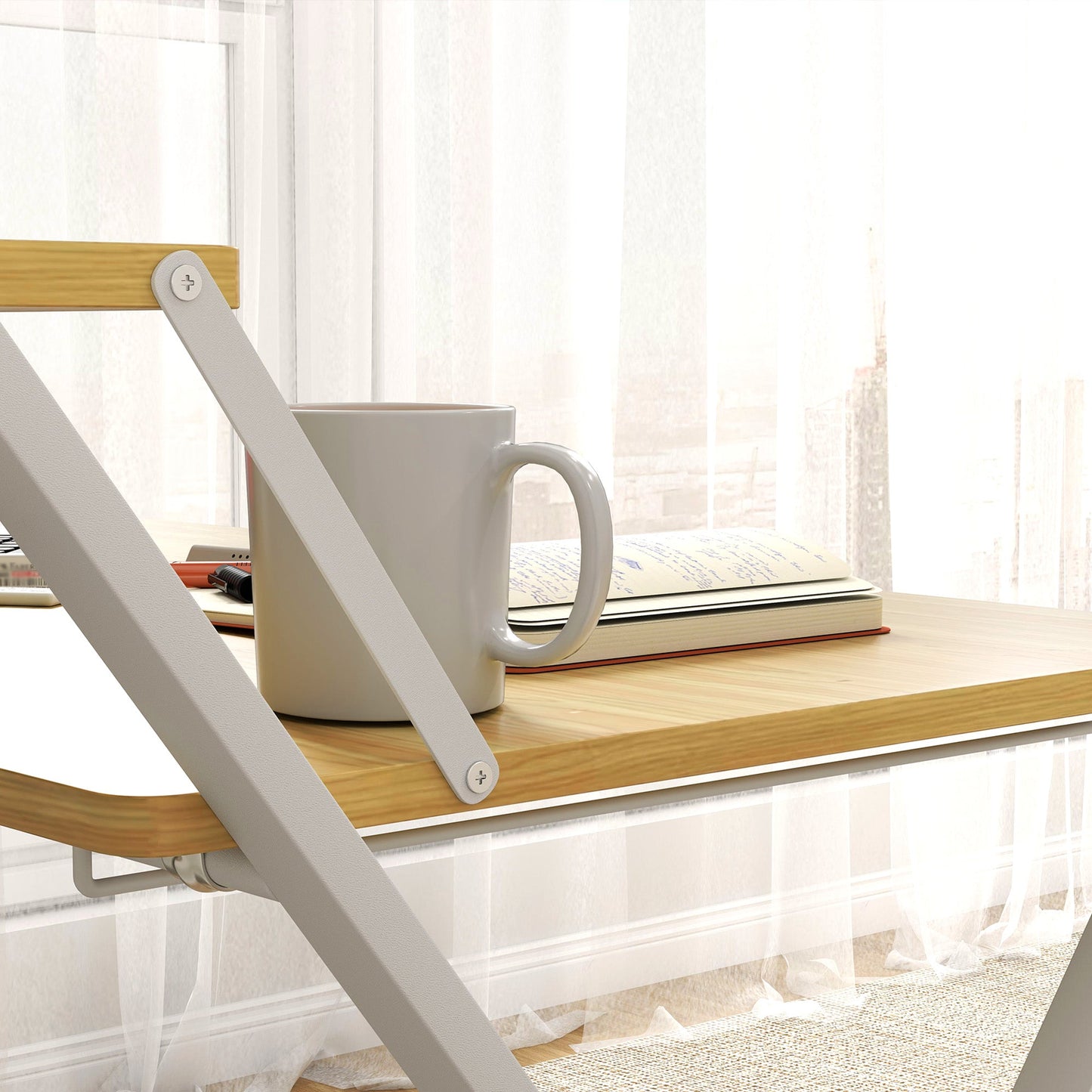 HOMCOM Folding Desk with 2-Tier Shelf for Home Office, Maple Wood-effect