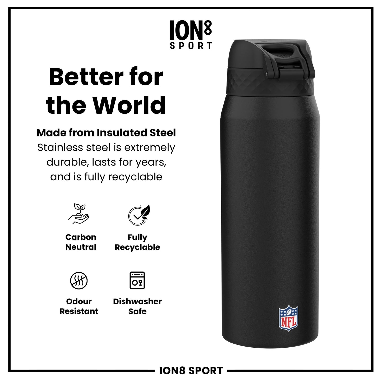 NFL x ION8 Insulated Steel Water Bottle, NFL Jets, 750ml (24oz)
