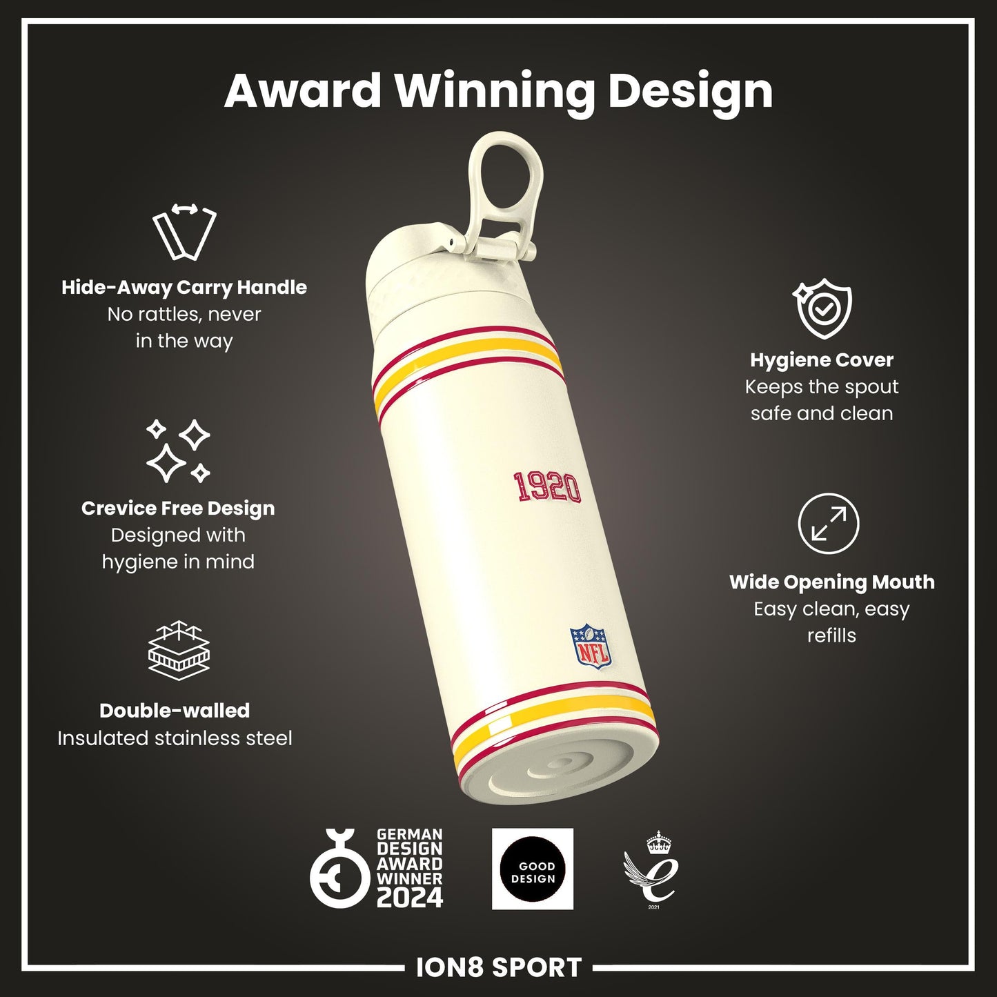 NFL x ION8 Insulated Steel Water Bottle, NFL Cardinals, 750ml (24oz)
