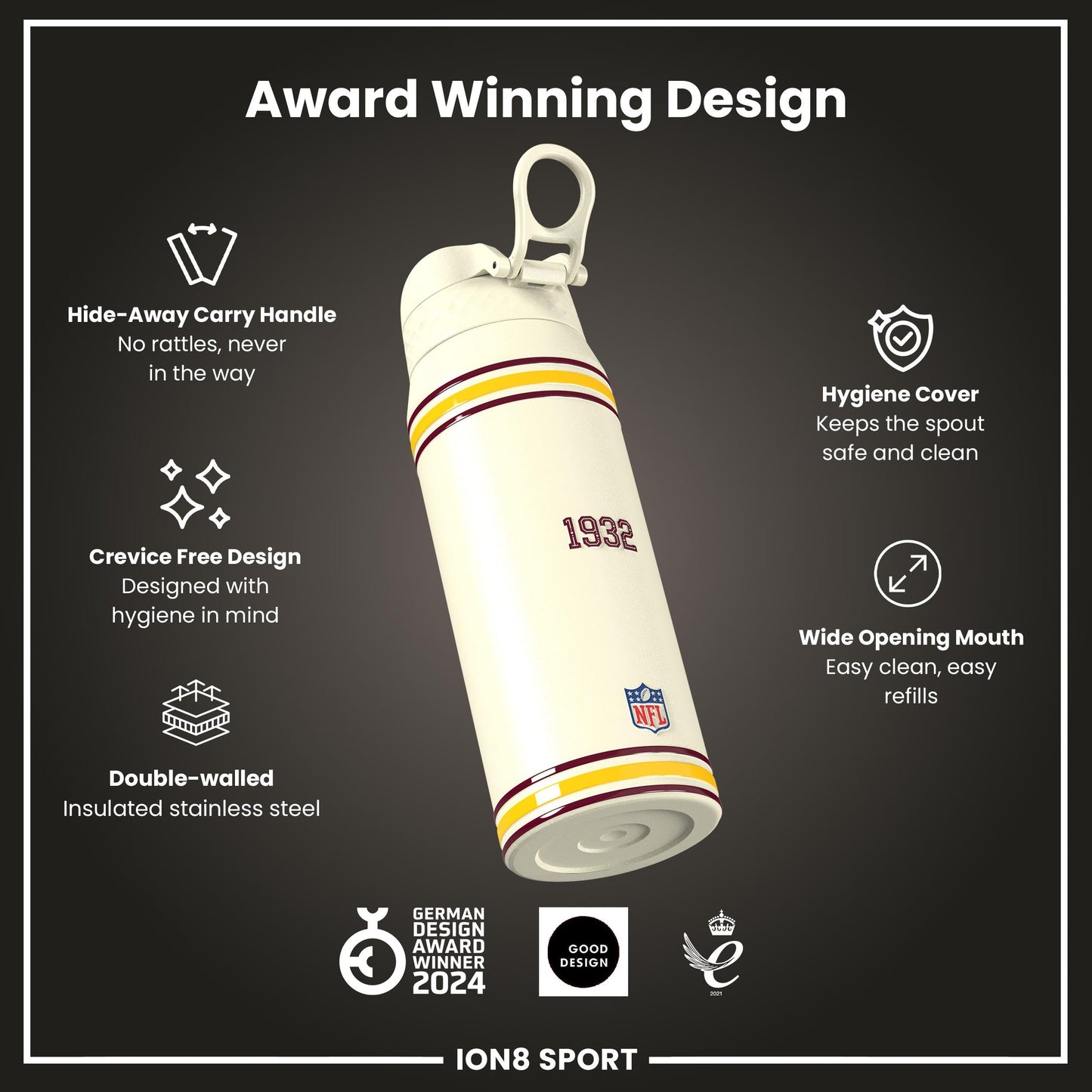 NFL x ION8 Insulated Steel Water Bottle, NFL Commanders, 750ml (24oz)