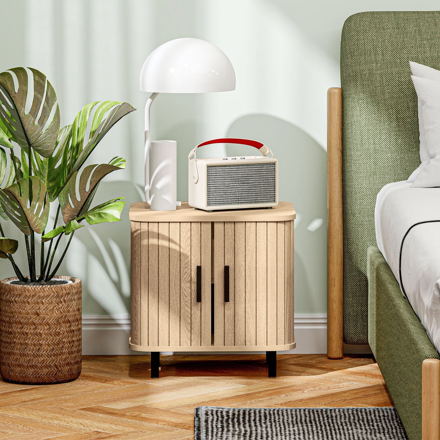 HOMCOM Nightstand with Sliding Doors and Metal Legs for Bedroom Oak Tone