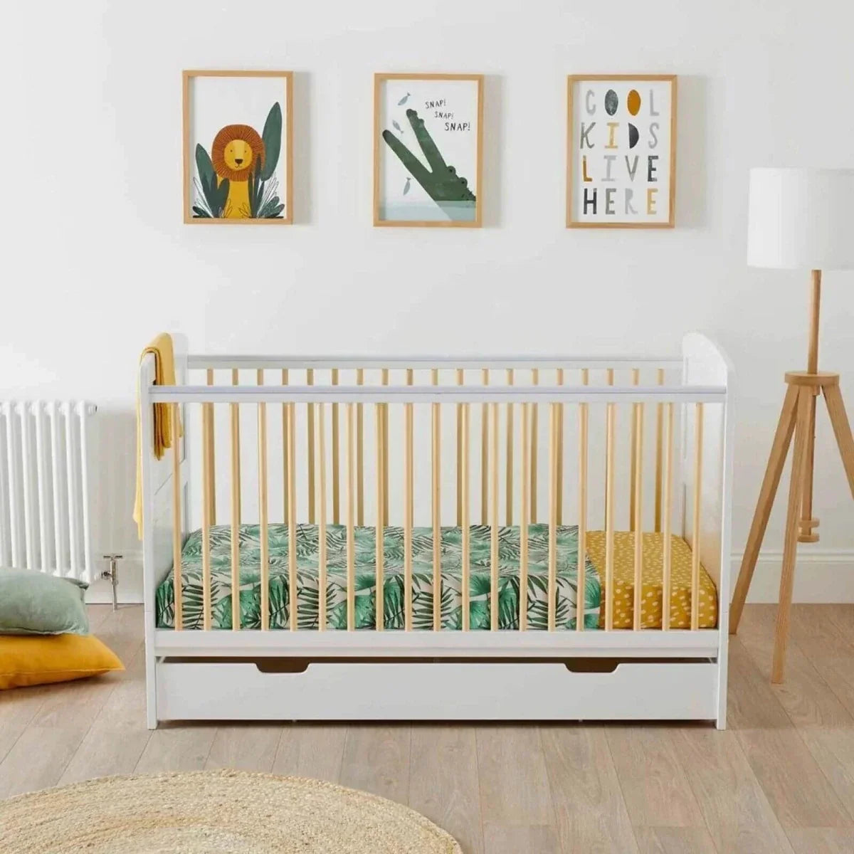 Ickle Bubba Coleby Scandi Cot Bed with Under Drawer Scandi White - Premium Pocket Sprung Mattress