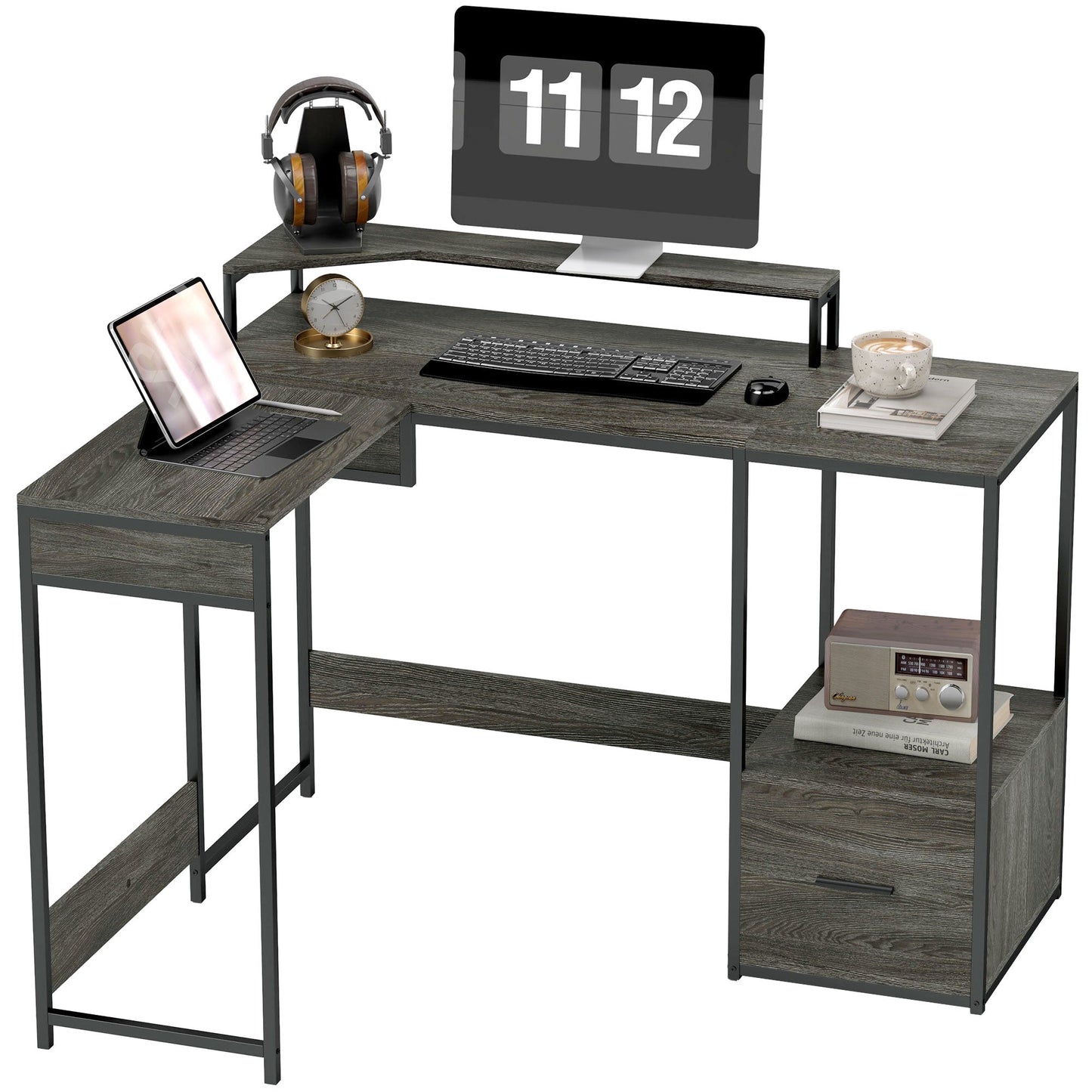 HOMCOM L Shaped Desk, Computer Table with Liftable Desktop, Charcoal