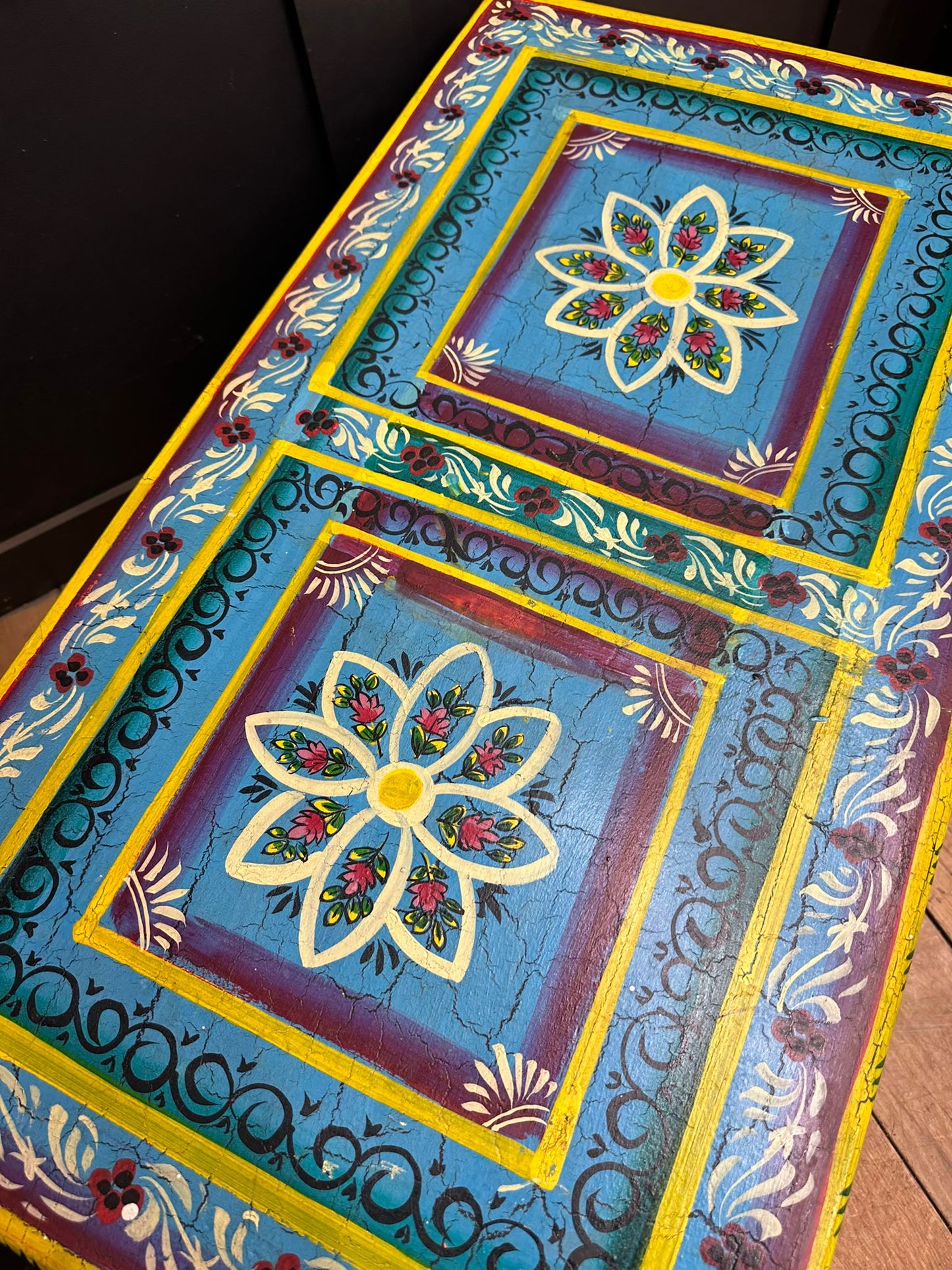 Vintage Indian Hand Painted Trunk Blanket Chest / Coffee Table / Sideboard Blue