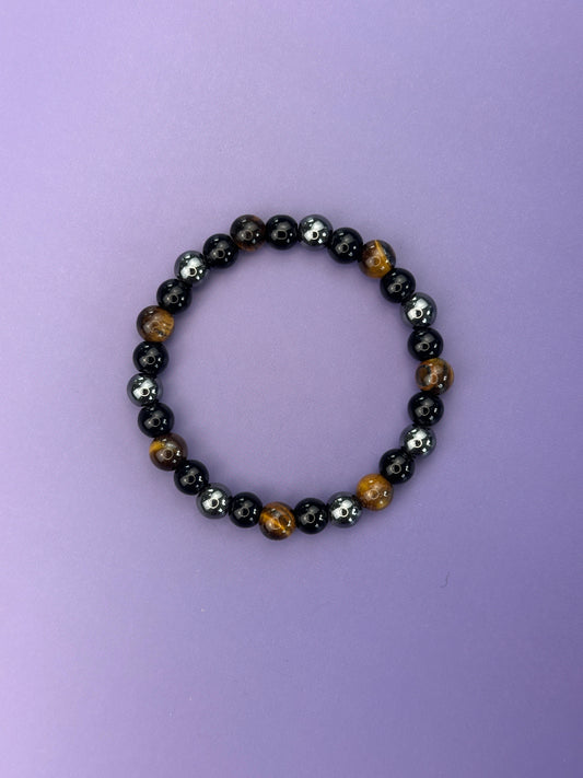 Triple protection - beaded bracelet; black obsidian, tiger's eye and hematite