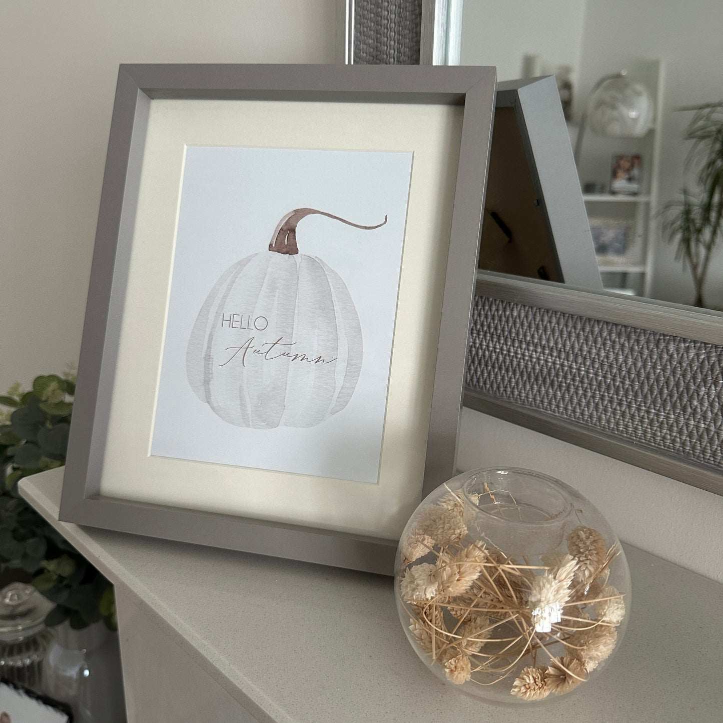 Hello Autumn White Pumpkin Seasonal Wall Home Decor Print