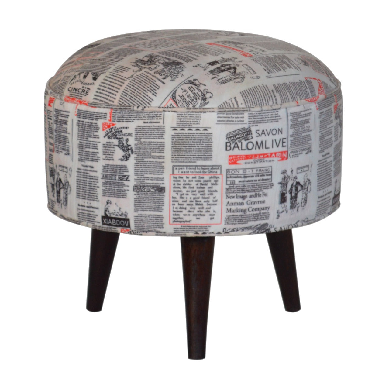 Round Footstool with News Print Velvet