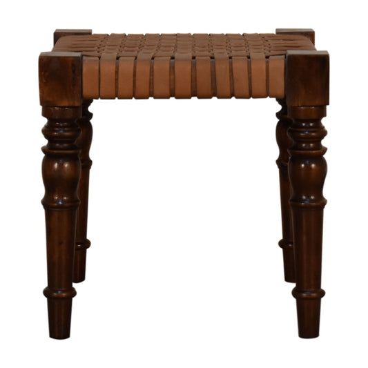 Woven Leather Footstool | Chestnut Solid Mango Wood