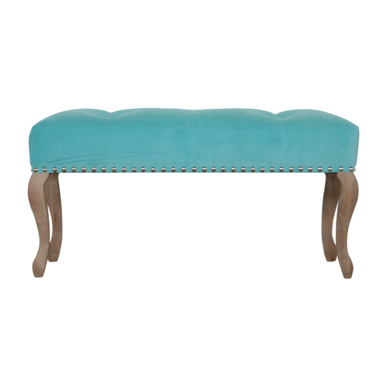Aqua French Style Bench Upholstered in Turquoise Cotton Velvet