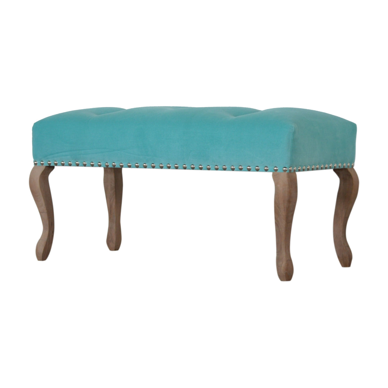 Aqua French Style Bench Upholstered in Turquoise Cotton Velvet