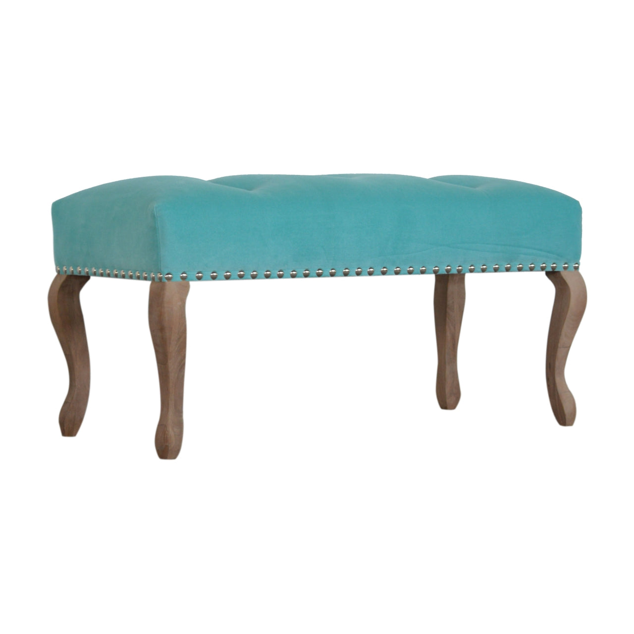Aqua French Style Bench Upholstered in Turquoise Cotton Velvet