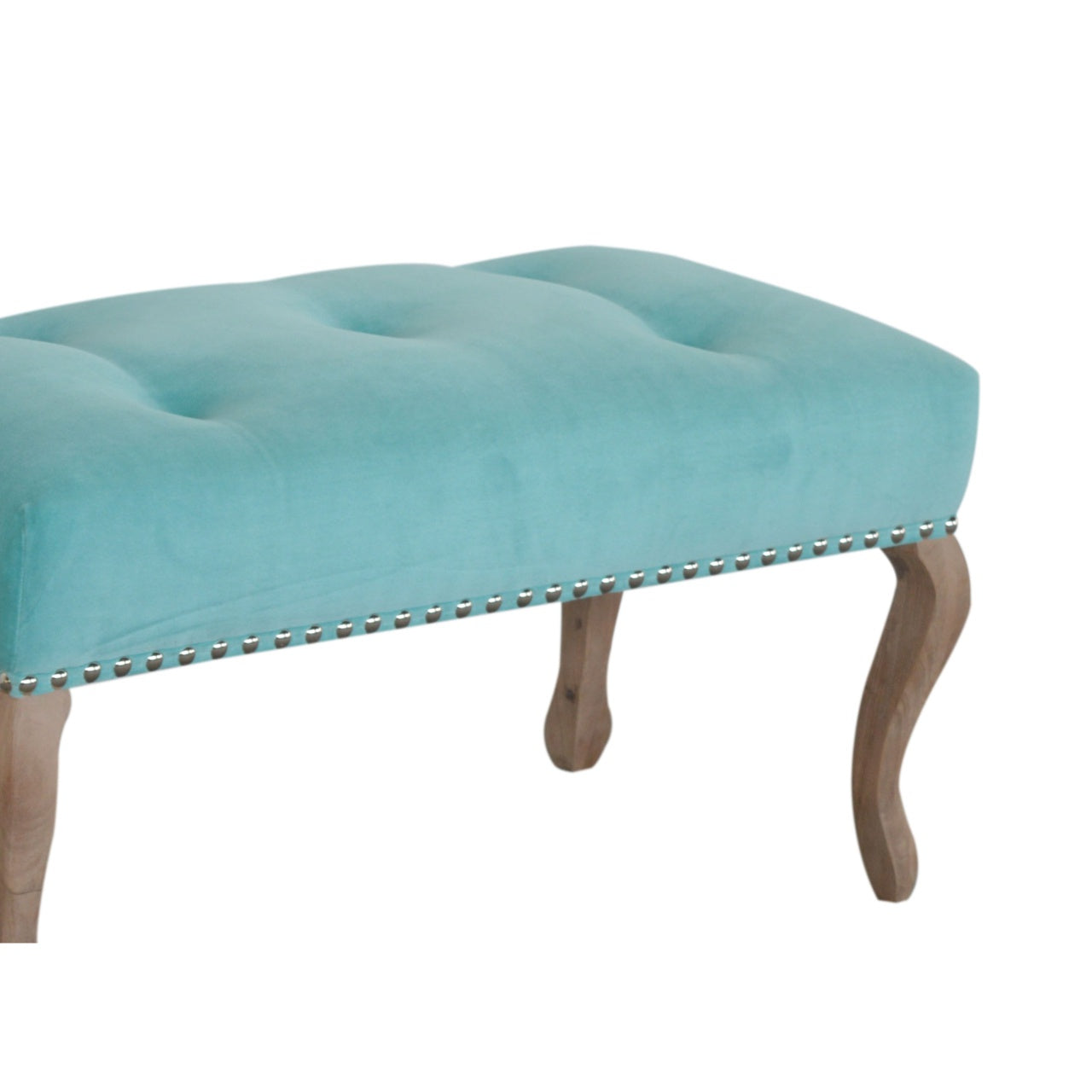 Aqua French Style Bench Upholstered in Turquoise Cotton Velvet