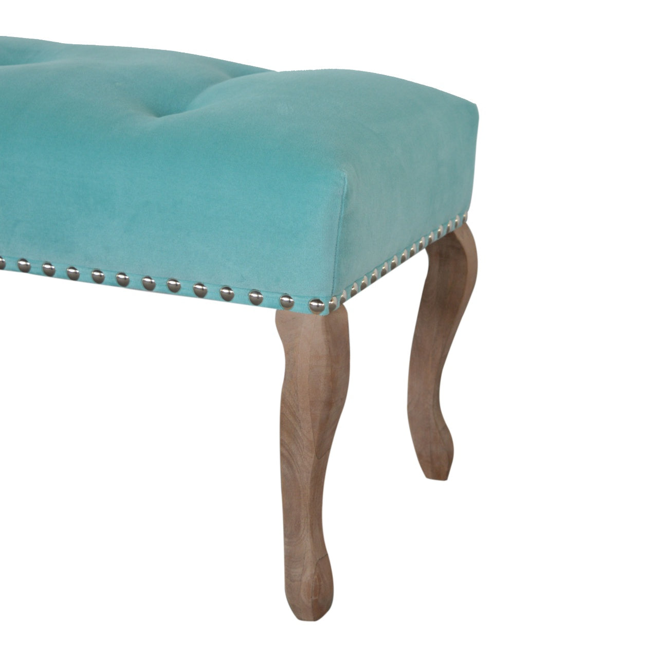 Aqua French Style Bench Upholstered in Turquoise Cotton Velvet
