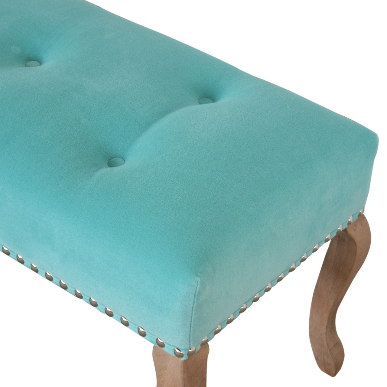 Aqua French Style Bench Upholstered in Turquoise Cotton Velvet