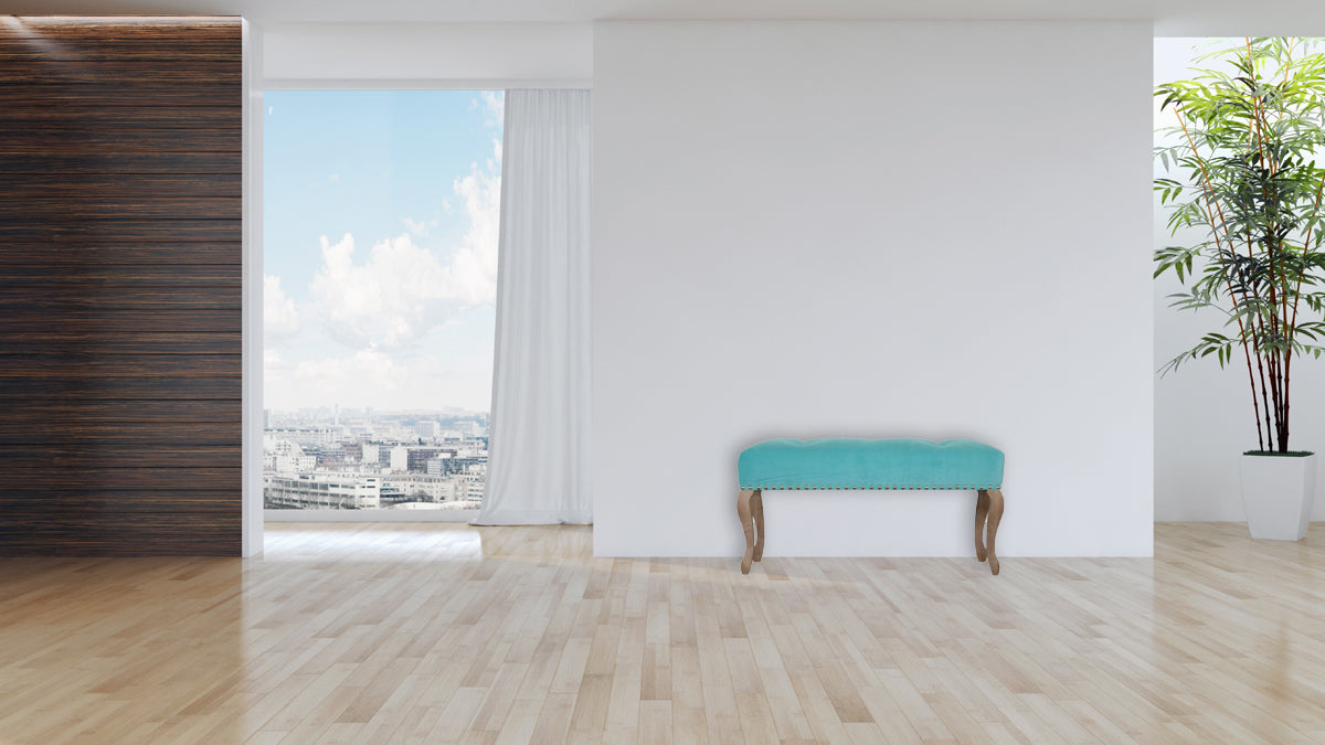 Aqua French Style Bench Upholstered in Turquoise Cotton Velvet