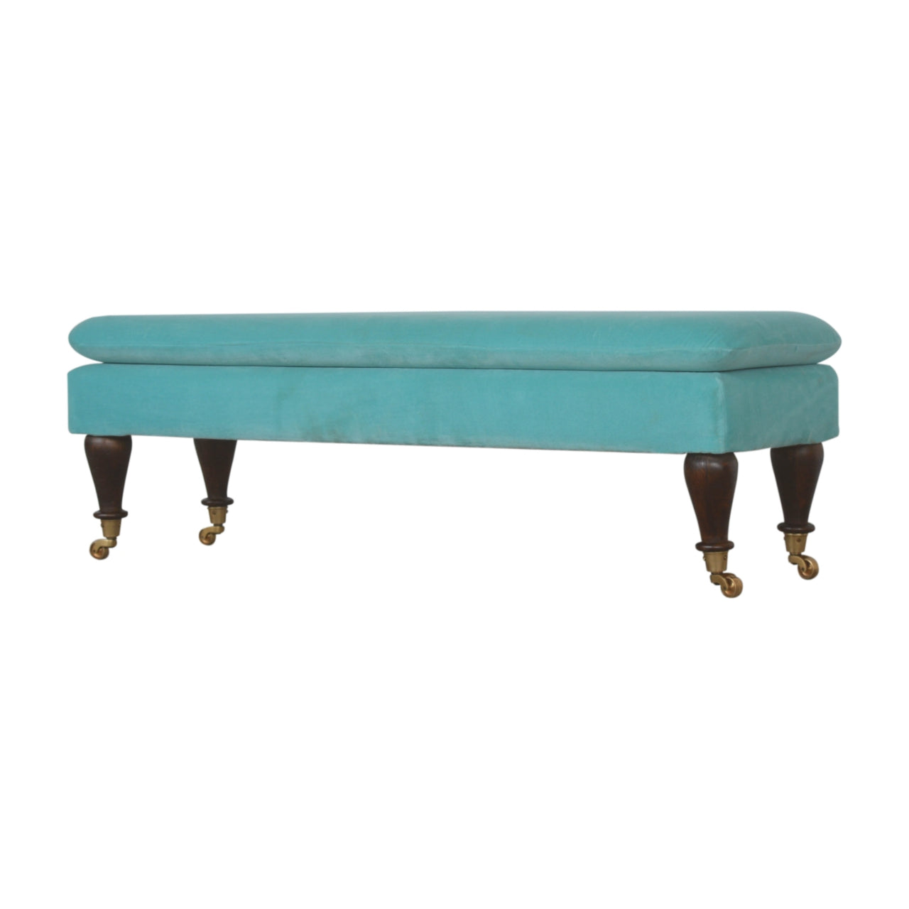 Aqua Bench With Castor Feet Handmade Cotton Velvet Upholstery