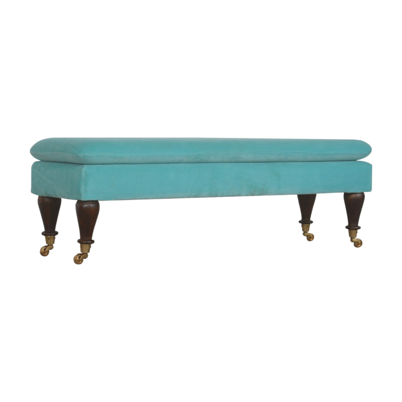 Aqua Bench With Castor Feet Handmade Cotton Velvet Upholstery