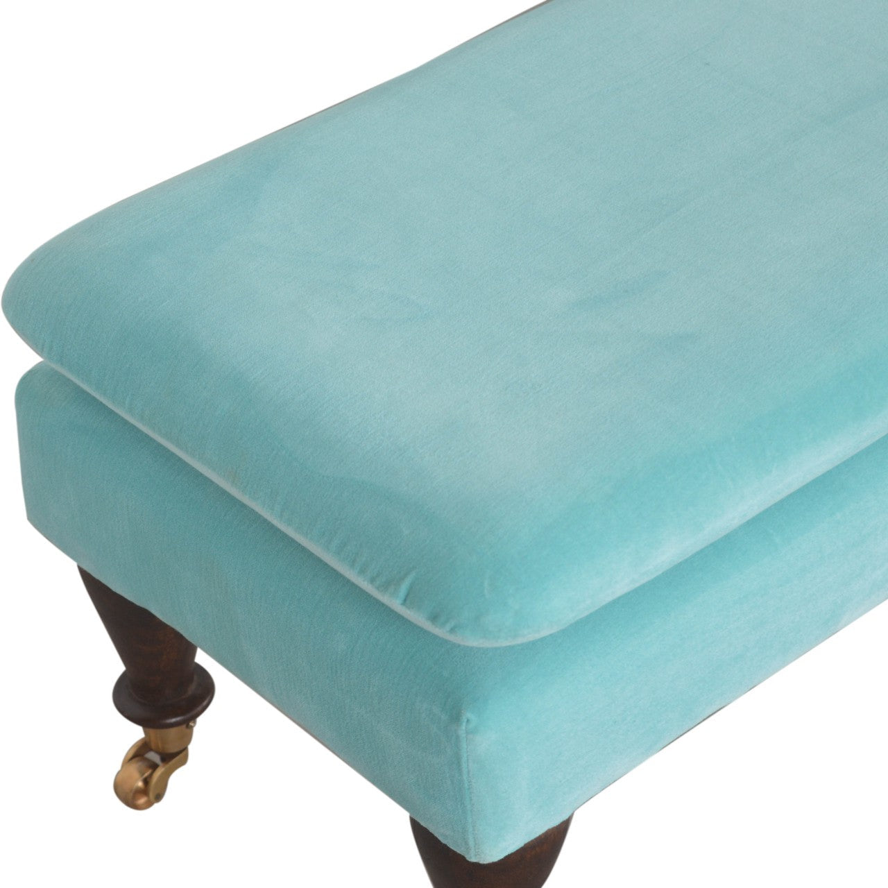 Aqua Bench With Castor Feet Handmade Cotton Velvet Upholstery
