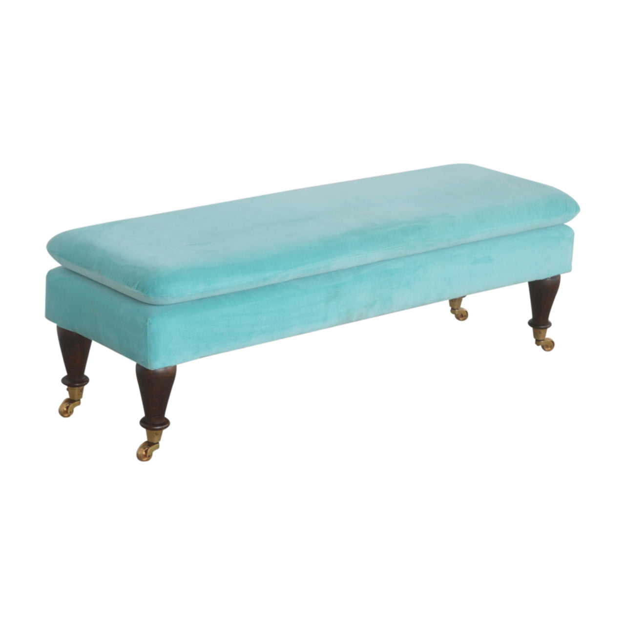 Aqua Bench With Castor Feet Handmade Cotton Velvet Upholstery