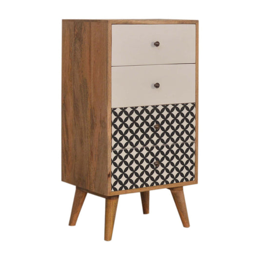 Diamond Screen Printed Tallboy Chest of Drawers | Oak-Ish Solid Mango Wood
