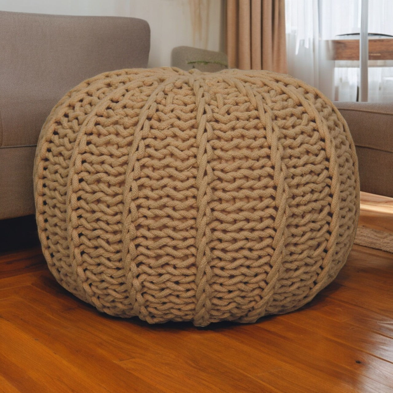 Brown Cable Pouffe Handmade Bohemian Home Decor Accessory