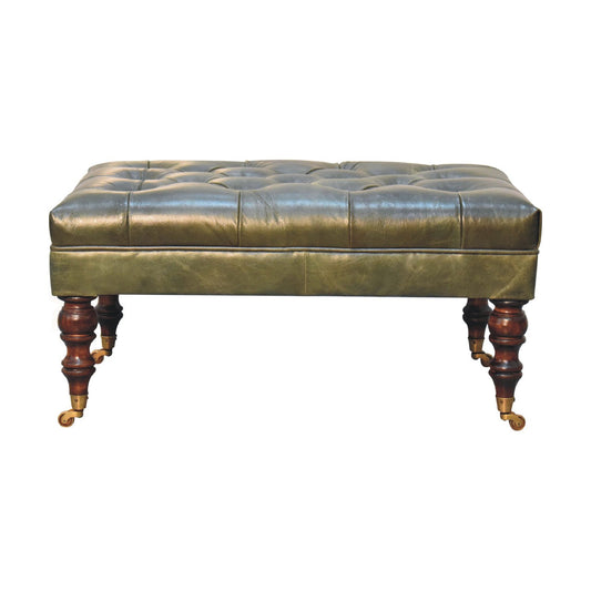 Buffalo Green Leather Ottoman with Castor Legs Storage Bench