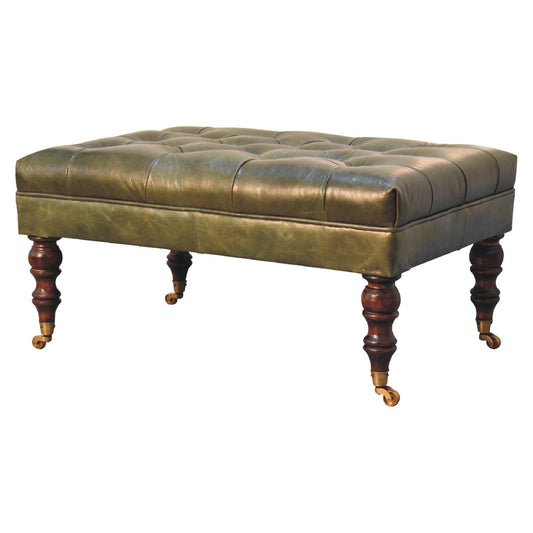 Buffalo Green Leather Ottoman with Castor Legs Storage Bench